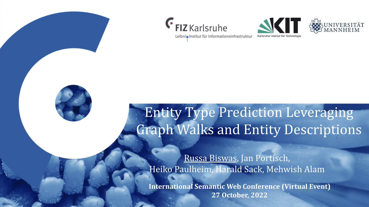 Our colleague <a href="/russa_biswas/">Russa Biswas</a> will present our paper "Entity Type Prediction Leveraging Graph Walks and Entity Descriptions" today at <a href="/iswc_conf/">International Semantic Web Conference</a> #iswc2022 joint work with <a href="/heikopaulheim/">Heiko Paulheim</a> <a href="/JanPortisch/">Jan Portisch</a> <a href="/em_alam/">Mehwish Alam</a> <a href="/lysander07/">Harald Sack</a> <a href="/FIZKarlsruhe/">FIZ Karlsruhe</a> 
fiz-karlsruhe.de/sites/default/…