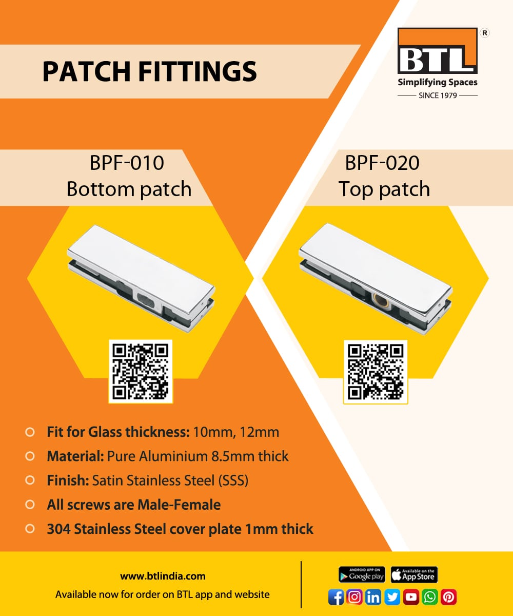 Top and bottom patch fittings for glass doors from BTL. Made to last long with thick aluminium and 304SS plate cover. Get more details here btlindia.com/product/top_pa…
Scan QR code for product details and to buy on BTL Mobile App.
#patchfittings #glassdoorfittings #BTL #btlindia