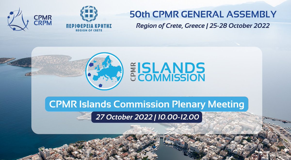 CPMR_ISLANDS's tweet photo. #CPMR2022 Islands Commission🏝️ 

Our Plenary Meeting as part of the 5⃣0⃣ General Assembly of @CPMR_Europe will start soon, in @CreteRegion!

A great opportunity for our members to gather 🤝, follow through our recent activities 📣 and exchange on the 🇪🇺 #EUIslandsPact https://t.co/JgIPlGO7pf