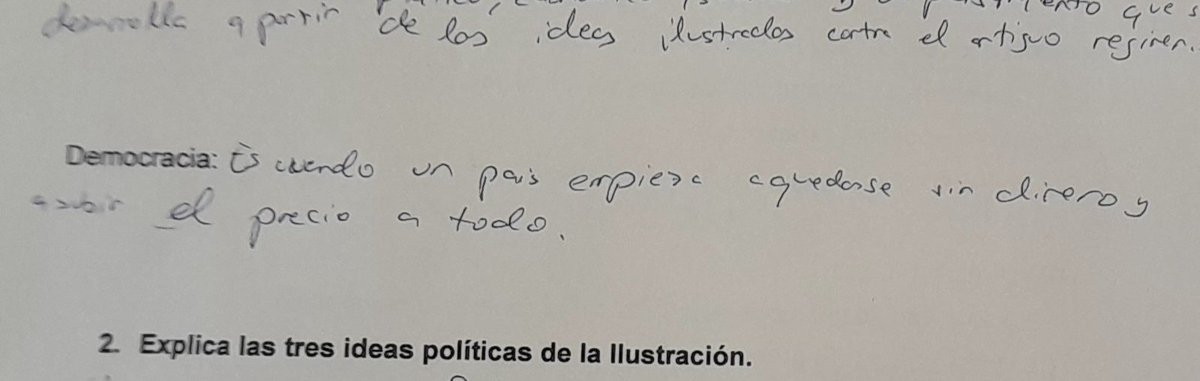 silvialade's tweet photo. Parece de chiste, pero así define un alumno el concepto de democracia en un examen. https://t.co/FC1HO5jcGL