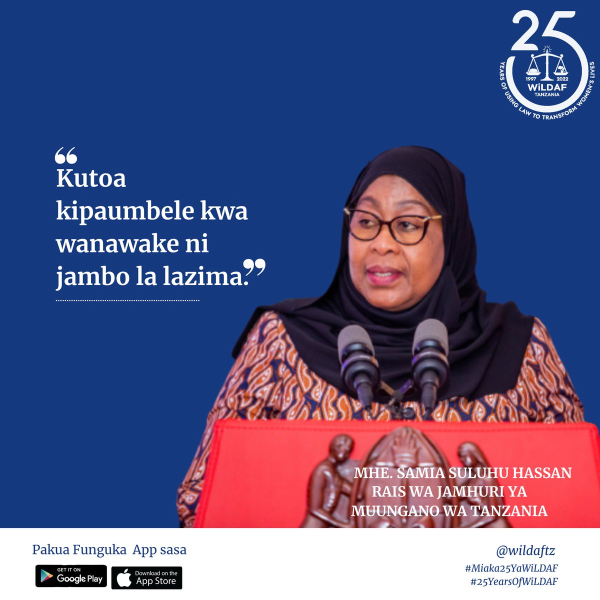 WiLDAFTz's tweet photo. Miaka 25 ya kutumia sheria kuboresha maisha ya wanawake.
#WiLDAF25
#Miaka25YaWiLDAF
#25YearsOfWiLDAF https://t.co/kVJFdcXTsv
