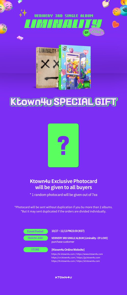 Ktown4u_main's tweet photo. #베리베리 #VERIVERY #VRVR
#Liminality #EP_LOVE
#KT4 Exclusive POB🎁
💜Ktown4u Exclusive Photocard: Random 1p out of 7p!
🤍2022.10.27 PM12:00 ~ 11.13 PM 23:59
👉https://t.co/gC1s1fuliQ
#Ktown4u https://t.co/cL5k4XQzY4