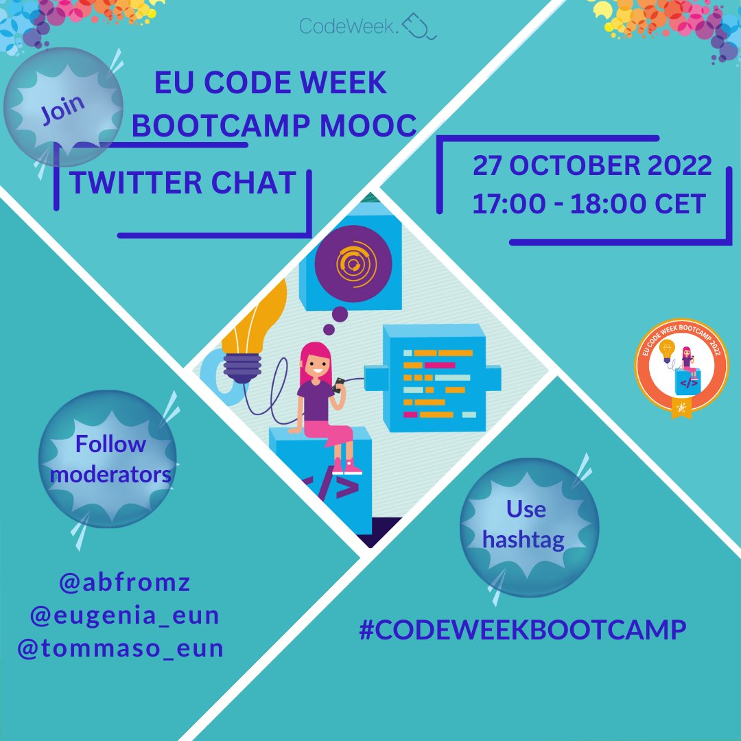 abfromz's tweet image. Dear #codeweekbootcamp this is a kind reminder that our Twitter chat Code sharing with peers starts at 17:00 CEST! See you soon! @CodeWeekEU @tommaso_eun @eugenia_eun