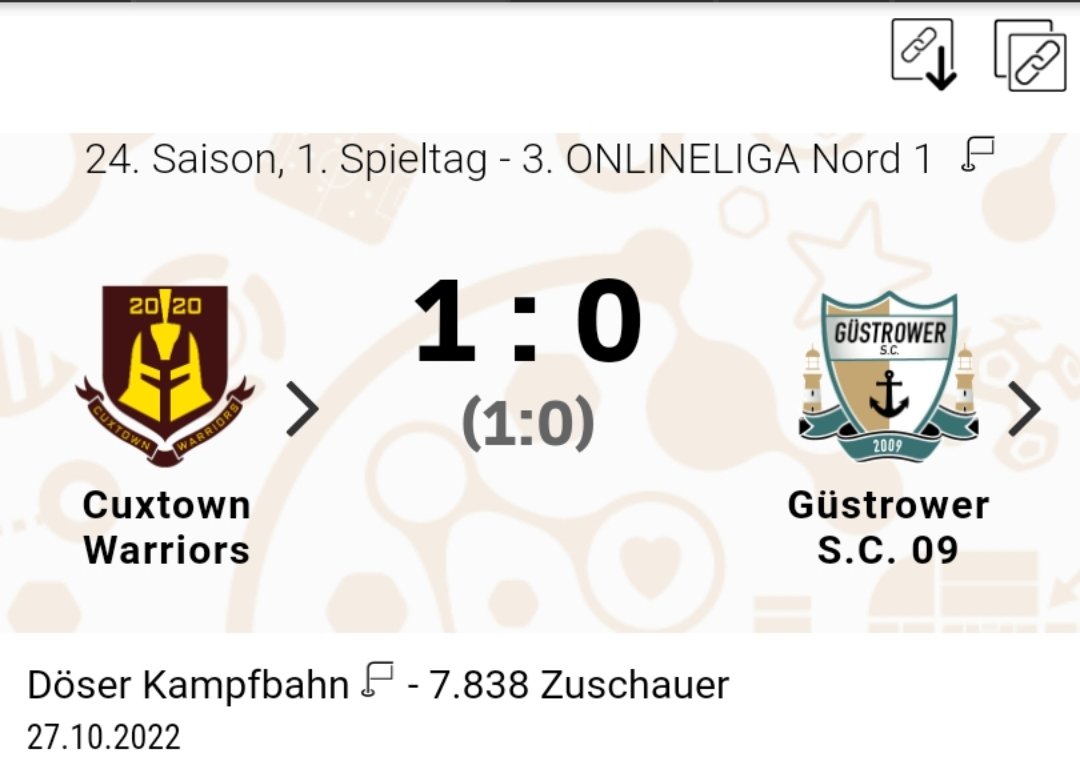 cuxtown's tweet photo. Cuxtown NEWS 

Die WARRIORS gewinnen ihre Auftaktpartie gegen den @CGustrower zuhause mit 1:0. Es ist der erste Sieg für die WARRIORS im fünften Aufeinandertreffen.
Lag es nun an der taktischen Neuausrichtung oder weil der Gegner nicht in Bestbesetzung antreten konnte? 
WbaB! https://t.co/hgOYrP2ycK