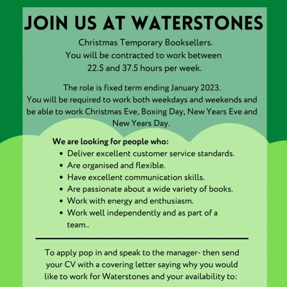 Vacancies are now open for our Christmas temp positions🎄🎁 To apply, pop into store and speak to one of our booksellers, then send a CV and cover letter explaining why you would like to work for Waterstones along with your availability to Jenn.Carson@Waterstones.com