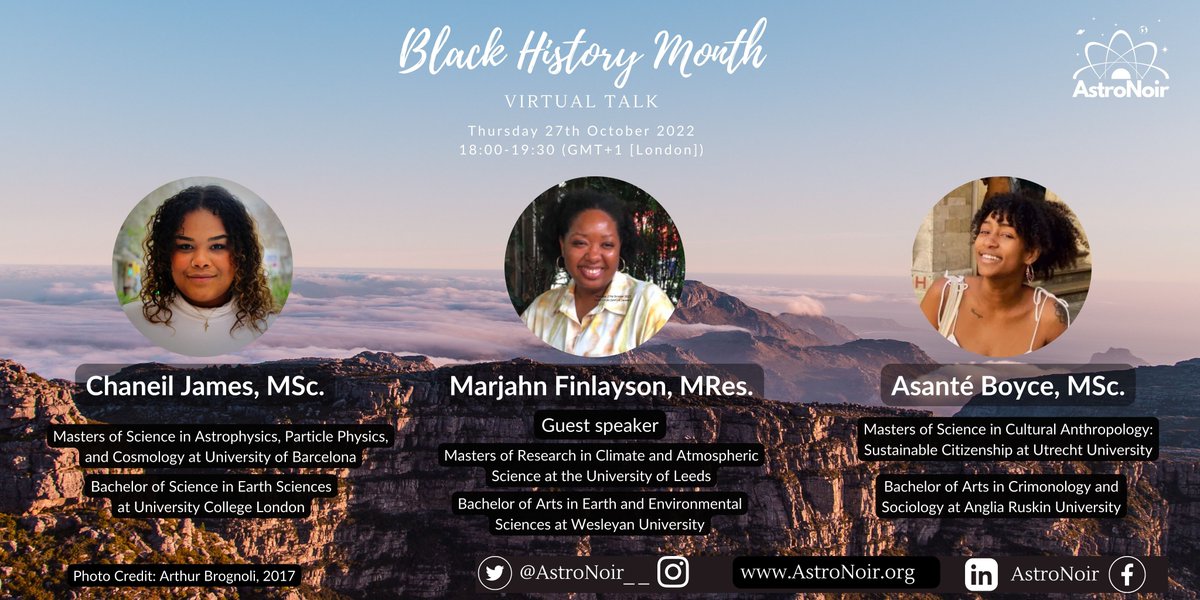 AstroNoir Earth & Space Research Alliance (AESRA) (@astronoir__) on Twitter photo Always wanted to enhance your knowledge in #STEAM?
Join us in JUST 9 HOURS as the AstroNoir team, supported by the <a href="/ES_UCL/">EarthSciences UCL</a> departmental Ethnic #Diversity Network, discuss #accessibility and more.
The talk is virtual and free!
Sign up on Eventbrite: eventbrite.com/e/black-histor… Always wanted to enhance your knowledge in #STEAM?
Join us in JUST 9 HOURS as the AstroNoir team, supported by the <a href="/ES_UCL/">EarthSciences UCL</a> departmental Ethnic #Diversity Network, discuss #accessibility and more.
The talk is virtual and free!
Sign up on Eventbrite: eventbrite.com/e/black-histor…