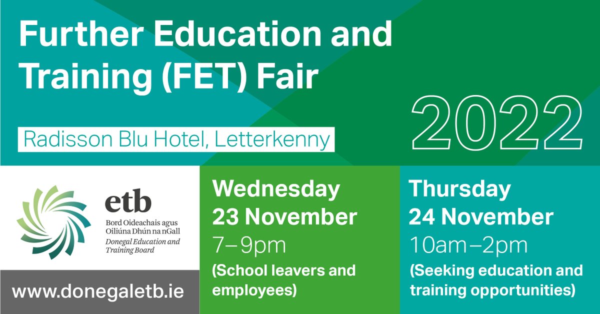 After a three year absence, we're excited to see the in-person return of our Further Education and Training (FET) Fair from 23-24 November: bit.ly/3TYI347 / bit.ly/3gwlbuq. Looking forward to seeing you there! #GoFurtherWithDonegalETB