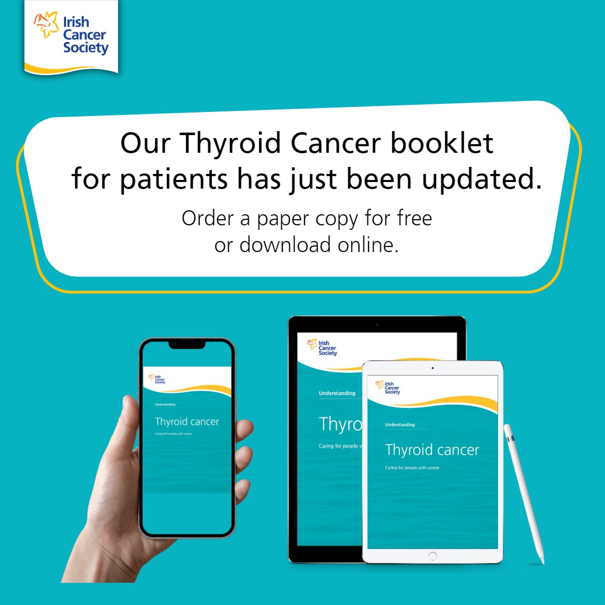 💙If you've been diagnosed with #thyroidcancer, we're here to help. 💻📱Read and download our booklet here 👇cancer.ie/sites/default/… 📘Order a free paper copy on Freephone 1800 200 700 or supportline@irishcancer.ie 💛or ask at a Daffodil Centre