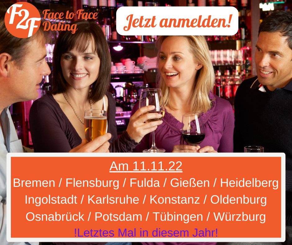 F2Fdating's tweet photo. Barhopping für Singles in unterschiedlichen Altersgruppen!🚨20-65 Jahre🚨https://t.co/yg8C3dXShv 
#Bremen #Flensburg #Fulda #Giessen #Heidelberg #Ingolstadt #Karlsruhe #Konstanz #Oldenburg #Osnabrück #Potsdam #Tübingen #Würzburg #partnervermittlung #50plus #onlinedatingtipps https://t.co/HTYfbuR3t3