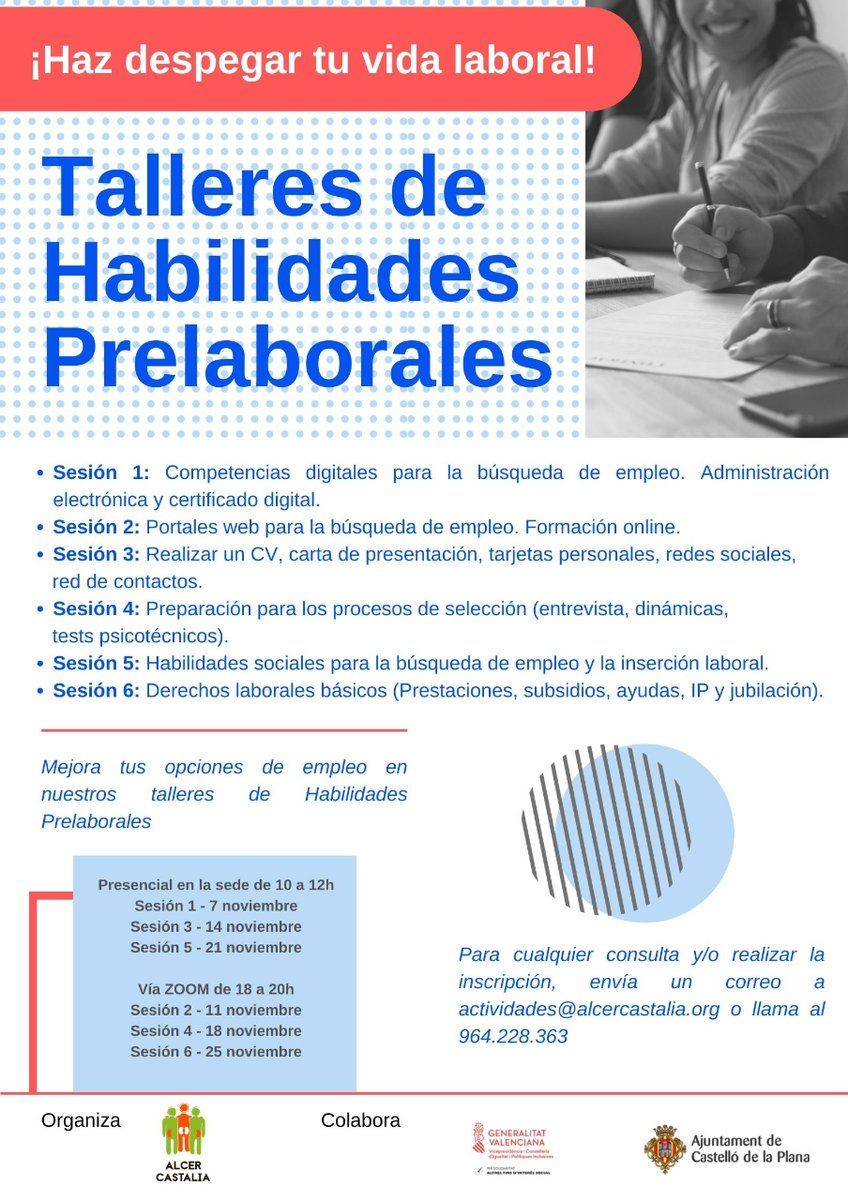 COCEMFE Castelló (@cocemfecastello) on Twitter photo Interesante taller de habilidades prelaborales gestionado por ALCER Castalia. Compuesto por 6 sesiones, de las cuales, el 50% serán online. Inscripciones mail a actividades@alcercastalia.org o llamando al teléfono 964228363. fecha límite inscripción 3 /11 14h Interesante taller de habilidades prelaborales gestionado por ALCER Castalia. Compuesto por 6 sesiones, de las cuales, el 50% serán online. Inscripciones mail a actividades@alcercastalia.org o llamando al teléfono 964228363. fecha límite inscripción 3 /11 14h
