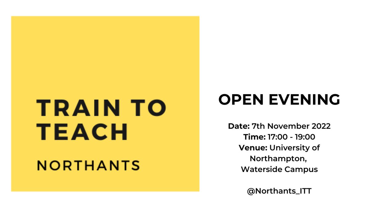 Thinking of becoming a teacher? Join our Open Evening, hosted by expert providers from the region.  

📆 November 7th 2022  17:00 - 19:00  
📍   <a href="/UniNorthants/">UniofNorthampton</a>
👉Booking essential… bit.ly/3favXq1

#GetintoTeaching <a href="/getintoteaching/">Teaching</a>