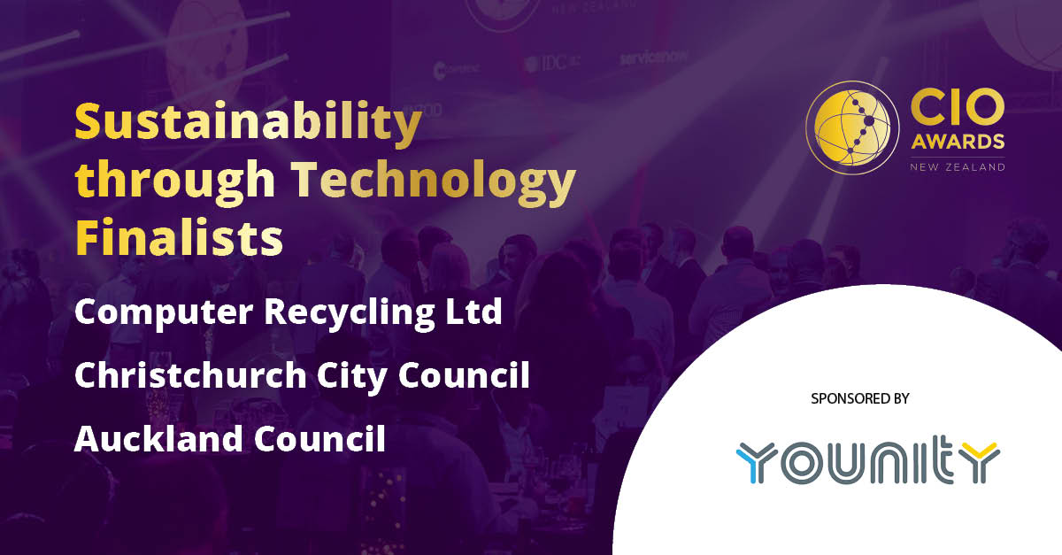 FINALISTS ANNOUNCED! 
Congratulations to the #NZCIO Awards finalists for the Sustainability through Technology Award: 
Computer Recycling Ltd, Christchurch City Council &amp; Auckland Council. 

A big thank you to Younity for sponsoring this award.  

#sustainability #technology