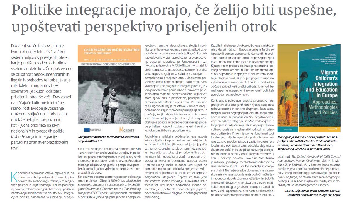 V časniku <a href="/Delo/">Delo</a> (priloga Valovi znanja🌊) sta dr. Mateja Sedmak in dr. Barbara Gornik predstavili mednarodni projekt <a href="/micreate2020/">micreate2020</a>, katerega vodje smo bili. S projektom smo poskušali spodbuditi razmislek o politikah vključevanja priseljenk in priseljencev s perspektive otrok🤝👧.