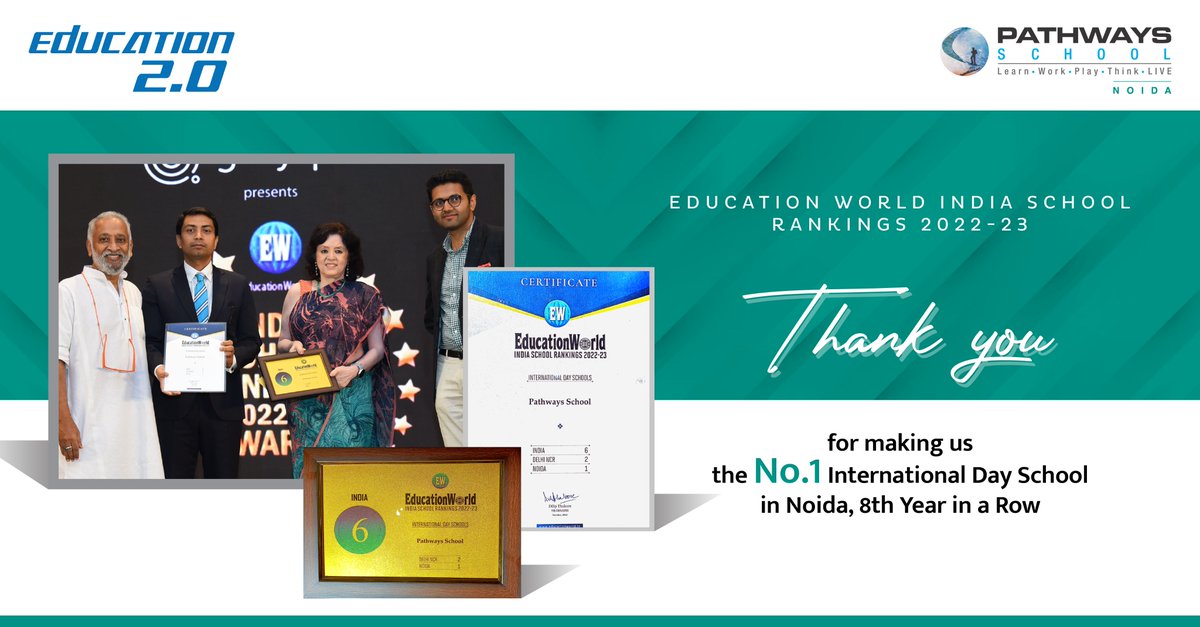 Thank you! Teachers, Students, and Parents, once again, for making us the No.1 International Day School in Noida, 8th Year in a Row! The School Director on behalf of the school received the Certificate on 12th October 2022.
.
#PathwaysSchools #ProudPathwaysians