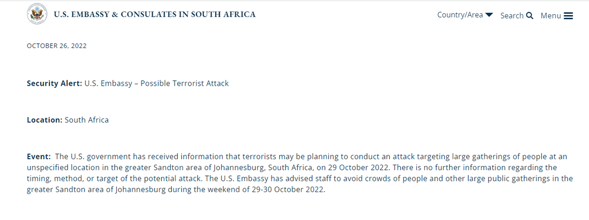 GoXtraNews's tweet photo. U.S. Embassy Warns  Possible Terrorist Attack in Sandton's Gay Pride Weekend! READ HERE >
 https://t.co/GJjR5Q15mf cc @USEmbassySA @GovernmentZA has responded! https://t.co/C2bbEpRJhR