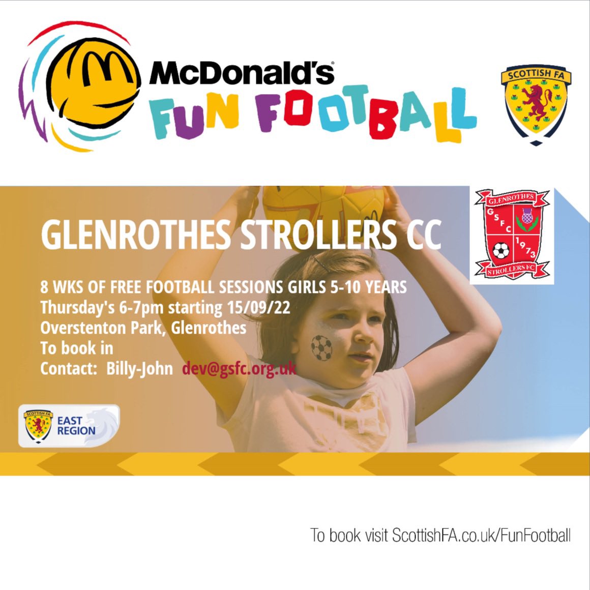 Glenrothes Strollers CC (@strollers1973) on Twitter photo FREE FOOTBALL
BOYS,GIRLS
3 more weeks left of this block of free sessions.
Everyone welcome.
<a href="/Strollers1973/">Glenrothes Strollers CC</a>
<a href="/ScotFAEast/">East Region</a>
<a href="/FifeVolAction/">Fife Voluntary Action</a>
<a href="/WellbeingInFife/">Wellbeing In Fife</a>
<a href="/scotgovhealth/">Scot Gov Health</a>
<a href="/GlenrothesHub/">Glenrothes Community Sports & Health Hub</a>
<a href="/FifeHpservice/">Health Promotion Service Fife</a>
<a href="/ScottishFA/">Scottish FA</a>
<a href="/ScotFAEast/">East Region</a>
<a href="/FunFootballUK/">McDonaldβs Fun Football</a>
@sportsscotland
#footballforall FREE FOOTBALL
BOYS,GIRLS
3 more weeks left of this block of free sessions.
Everyone welcome.
<a href="/Strollers1973/">Glenrothes Strollers CC</a>
<a href="/ScotFAEast/">East Region</a>
<a href="/FifeVolAction/">Fife Voluntary Action</a>
<a href="/WellbeingInFife/">Wellbeing In Fife</a>
<a href="/scotgovhealth/">Scot Gov Health</a>
<a href="/GlenrothesHub/">Glenrothes Community Sports & Health Hub</a>
<a href="/FifeHpservice/">Health Promotion Service Fife</a>
<a href="/ScottishFA/">Scottish FA</a>
<a href="/ScotFAEast/">East Region</a>
<a href="/FunFootballUK/">McDonaldβs Fun Football</a>
@sportsscotland
#footballforall