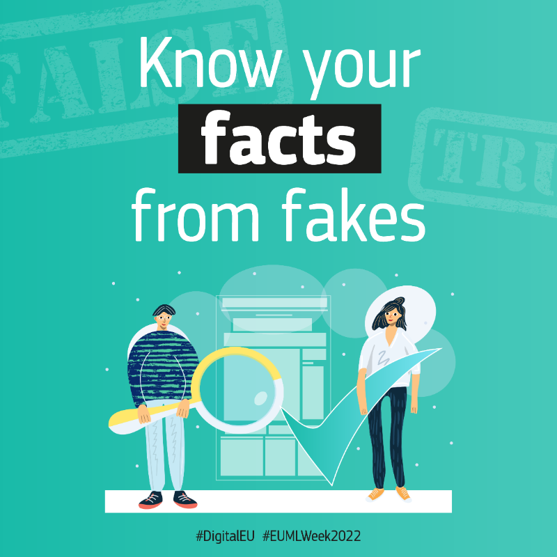 DigitalEU's tweet photo. Information is power & #MediaLiteracy can help us spot what's trustworthy and what's disinformation.
This #EUMLWeek2022, check out some tips on what to watch out for and remember to always make sure you #FactCheckIt 👇