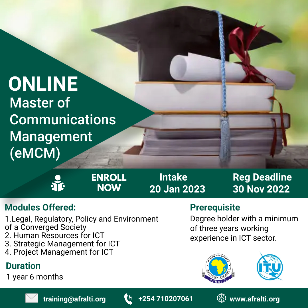 AFRALTI's tweet photo. Avoid the last minute rush and register now for the 20 Jan 2023 eMCM Intake! Registration deadline 30 November 2022. For more info and registration visit https://t.co/ReS59ICY5Q or write to training@afralti.org or call/chat +254 710 207061 @ITU  #Communicationmanagement https://t.co/Fq6XzRuLoq
