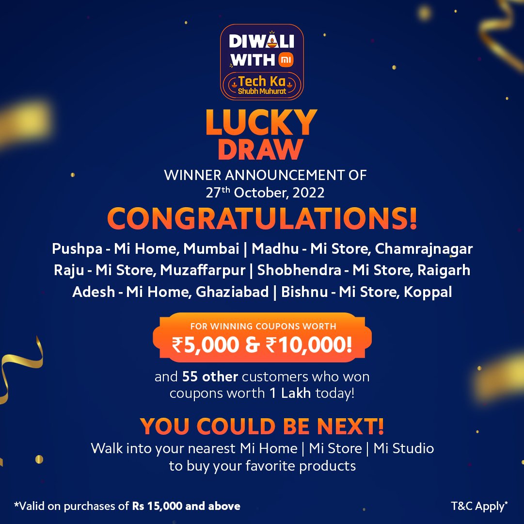 Congratulations to our winners for today! 🤝🏽🎊

Diwali may be over, but the celebrations don't have to be. Walk in to your nearest authorised retail store today and stand a chance to win big! 
#LuckyDrawWinner #TechKaShubhMuhurat #DiwaliWithMi