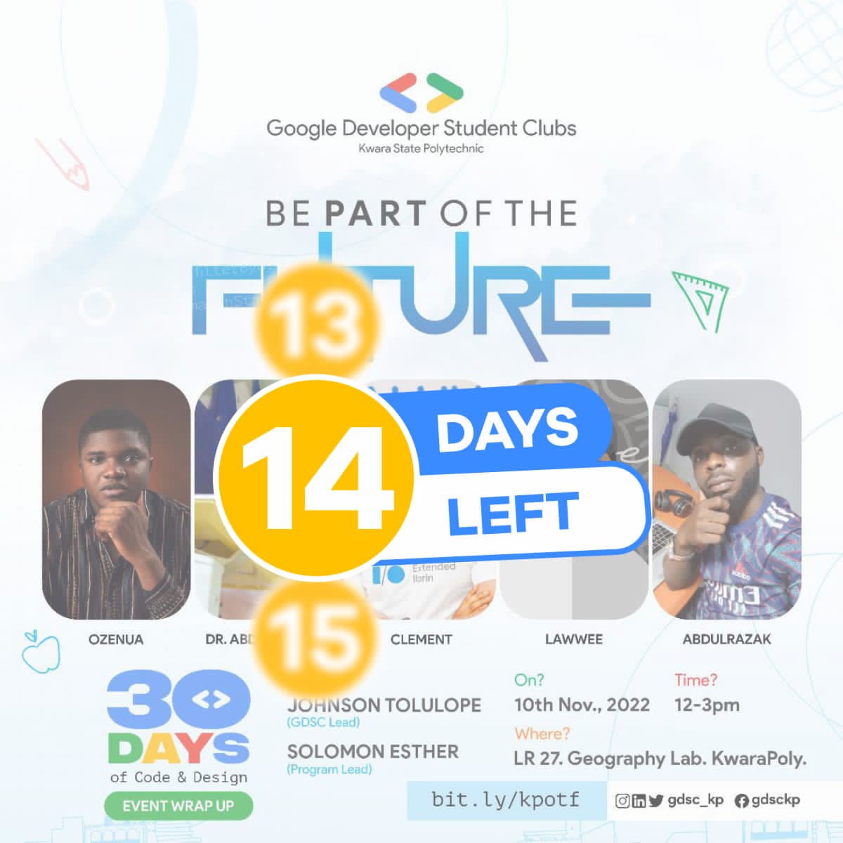 Gdgoc_kp's tweet image. IT&apos;S GOING TO BE A JOHA PHYSICAL EVENT WITH GDSC KWARA STATE POLYTECHNIC CHAPTER.

Pick up your ticket by 👇clicking on this link to register 
bit.ly/kpotf

Date: 10th Nov.,2022.
🕛: 12pm-3pm.
🏨: @KP(LR-27-IBAS COMPLEX).
📌 Hybrid event
#DevelopersStudentClub
#GDSCSSA
