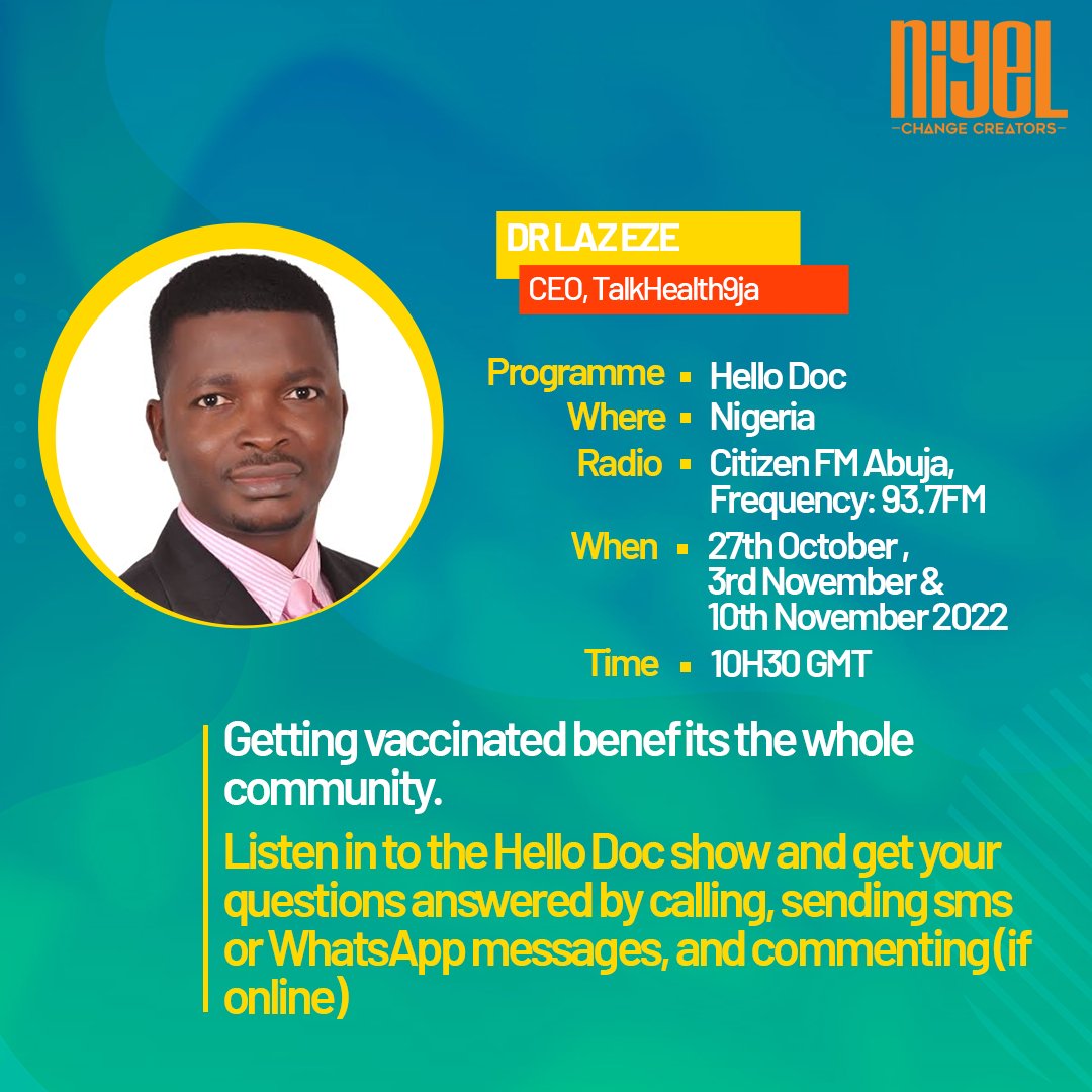 donlaz4u's tweet image. #HelloDoc on Citizens 93.7 FM today by 11.30am WAT. 
We shall be discussing the Community Implications of Non-vaccination. 
Don&apos;t miss it! 
#PuHI
#ChangeCreators