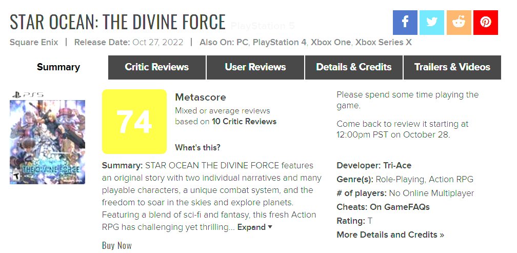 Star Ocean: The Divine Force - Metacritic