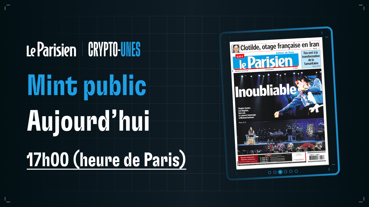 LeParisien_NFT's tweet image. C'est bientôt l'heure du moment tant attendu 📅
Le Mint public ouvre aujourd'hui à 17h00 !

📌  Sur nft.leparisien.fr
💰  Prix d'achat : 199€ par NFT
🔄  Aucune limite d'achat
🦊  Uniquement avec @MetaMask
⏰  Premier arrivé, premier servi
💳  Paiement en $ETH ou par CB !