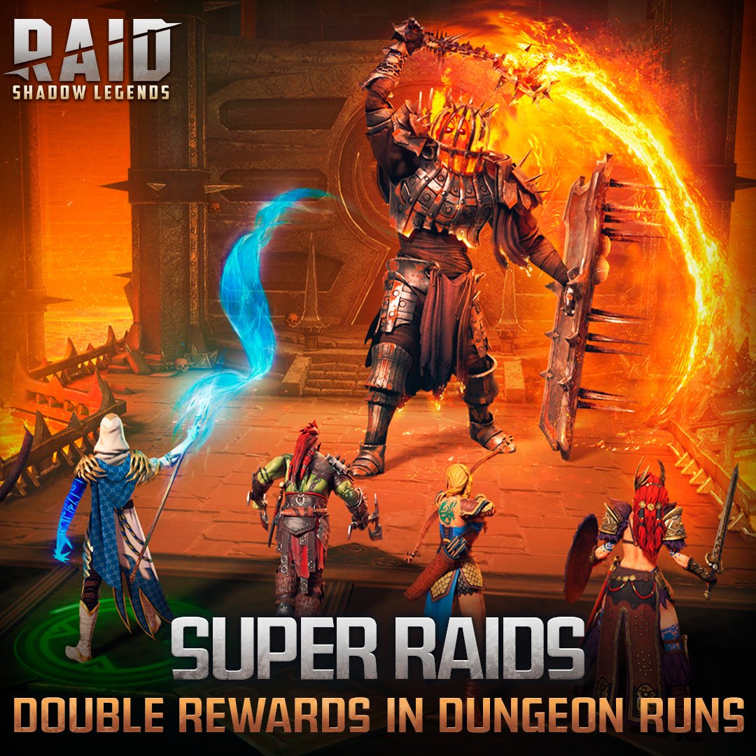 Save time farming and get DOUBLE the Rewards from your Dungeon runs with Super Raids! From 12:30 UTC, Thursday, October 27 to 11:00 UTC, Sunday, October 30 in the Fire Knight's Castle. See the schedule of other Super Raids ---> plrm.info/3De1UFT