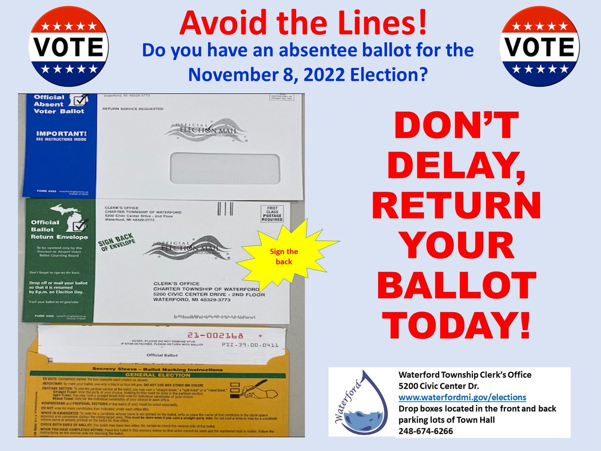 Good morning, 

We are less than two weeks away from election day. If you have an absentee ballot "Don't delay, return your ballot today!"Return by mail, drop at the Clerk's office, or use one of the convenient drop boxes in the parking lot at Town Hall. waterfordmi.gov/elections