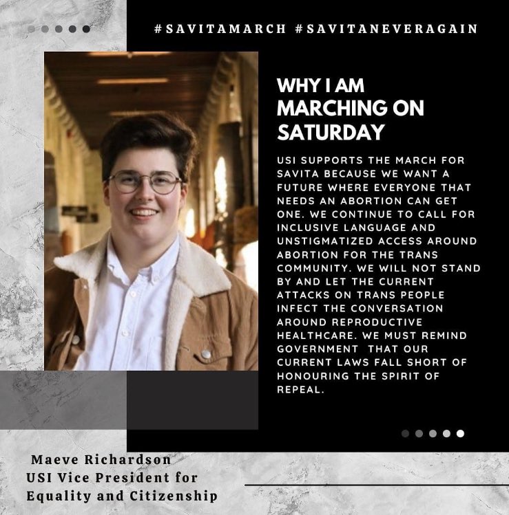 Maeve @USI_Equality is marching in on Sat to ensure abortion is accessible to everyone, including the trans community. Fighting for full bodily autonomy means fighting for abortion access for all as well as gender affirming care for all #savitamarch #savitaneveragain