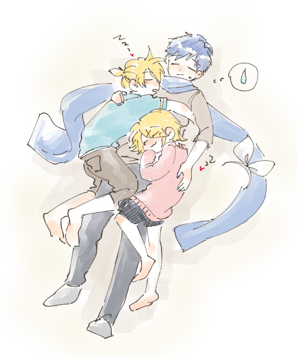 kagamine len ,kagamine rin ,kaito (vocaloid) 2boys 1girl blue scarf multiple boys blonde hair sleeping scarf  illustration images