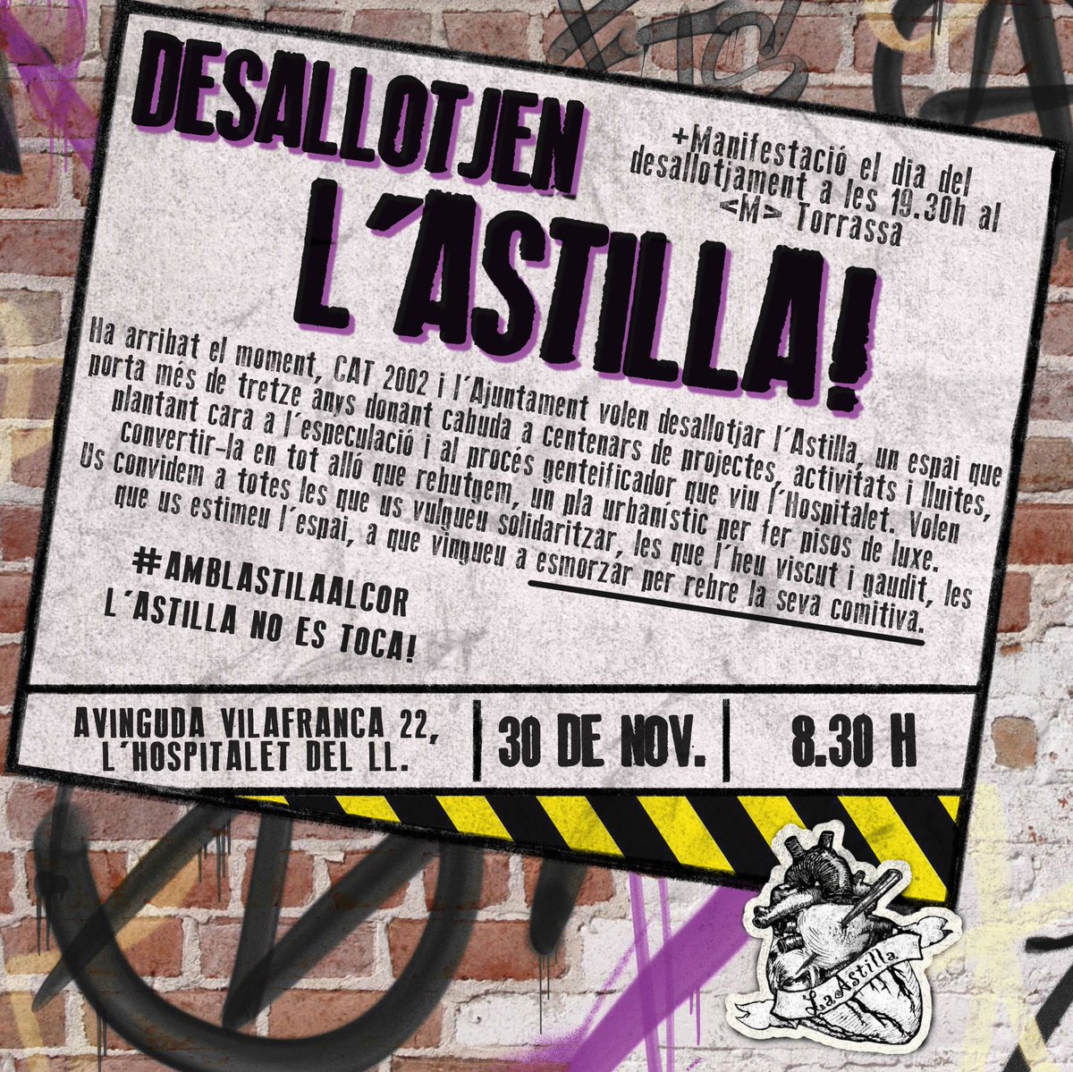 Esmorzar contra el desallotjament del CSO l'Astilla
📅 30 de Nov.
⏰ 8:30h

Convoquem mani el mateix dia que l'Astilla sigui desallotjada
⏰ 19:30h
📌<L1> Torrassa