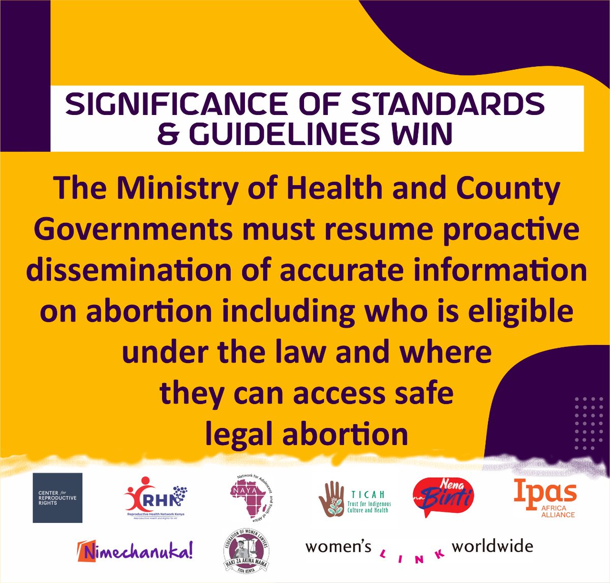 📢 The Ministry of Health (@MOH_Kenya) and County Governments (@KenyaGovernors) must resume proactive dissemination of accurate information on abortion including who is eligible under the law and where they can access safe legal abortion #DefendHerRightsKE