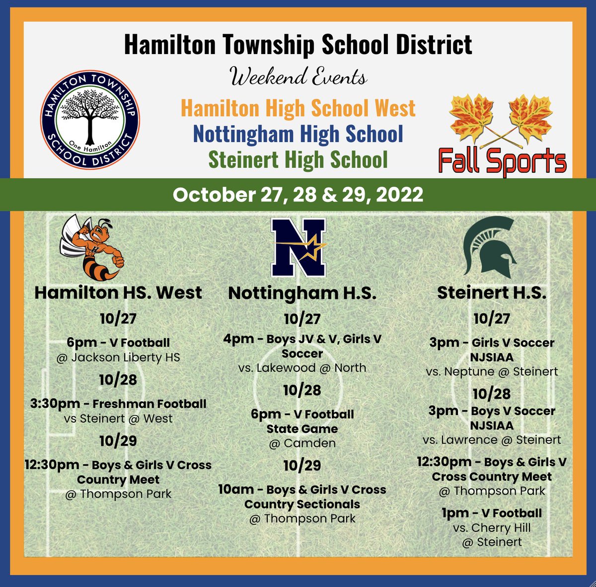 📣 TODAY in Hamilton! Weekend Sporting Events ⚽️🏈 🏑 📣 Good luck @NHSMarchingUnit @usbands State Competition 10/29 🥁 @ScottRRocco @HTSDSecondary @HTSD_Nottingham @HTSD_Steinert @HTSD_West @LauraGeltch @HamiltonTwpNJ @BigDawgAD @NorthstarsAD @HHW_Athletics #HTSD #HTSDpride