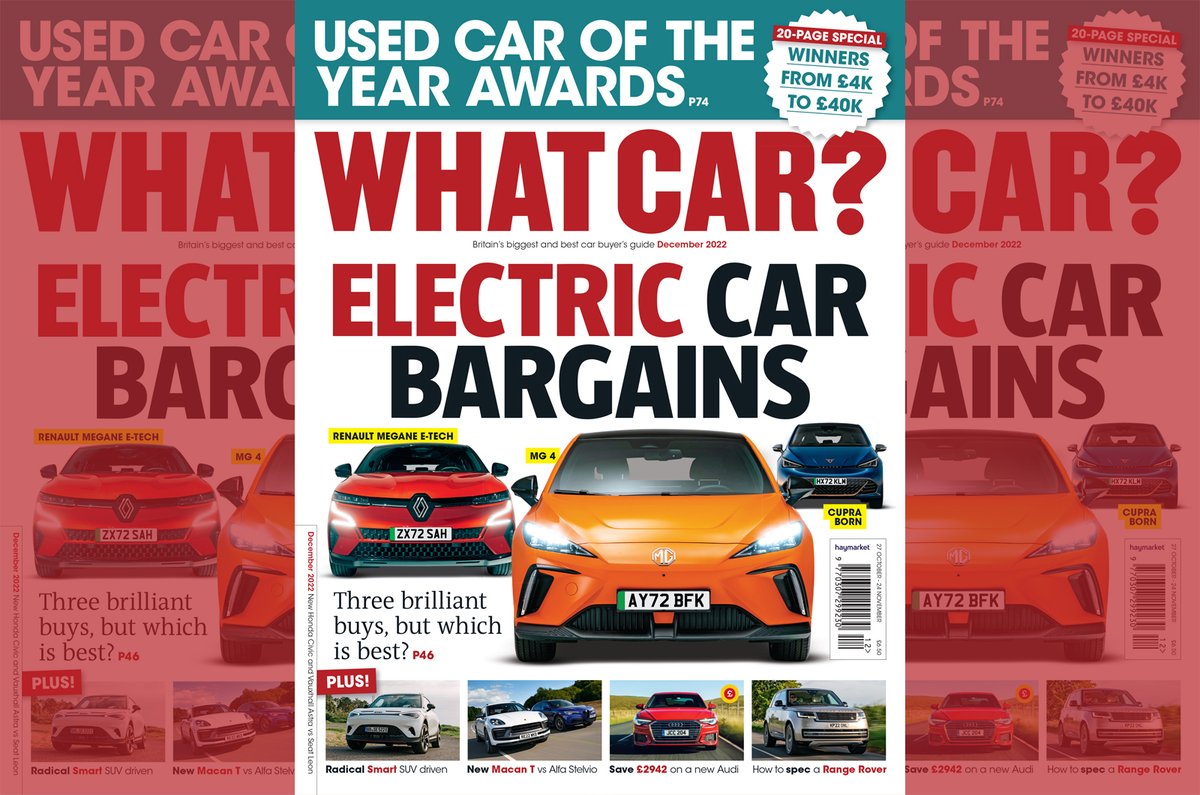 A new issue of What Car? magazine has gone on sale today, featuring the new MG 4 versus rivals, plus:

✅ Used Car of the Year Awards
✅ Porsche Macan T vs Alfa Romeo Stelvio Veloce
✅ New family hatchbacks head to head
✅ Reviews of all the latest models