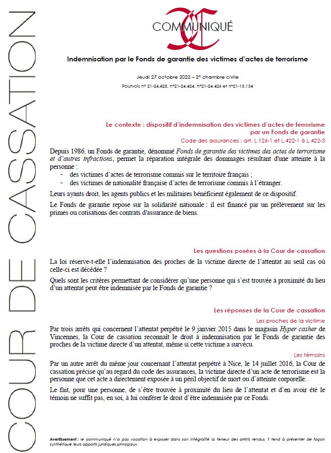 ⚖️[Communiqué] Indemnisation par le Fonds de garantie des victimes d’actes de terrorisme.
>> Communiqué et décisions à lire sur courdecassation.fr/toutes-les-act…