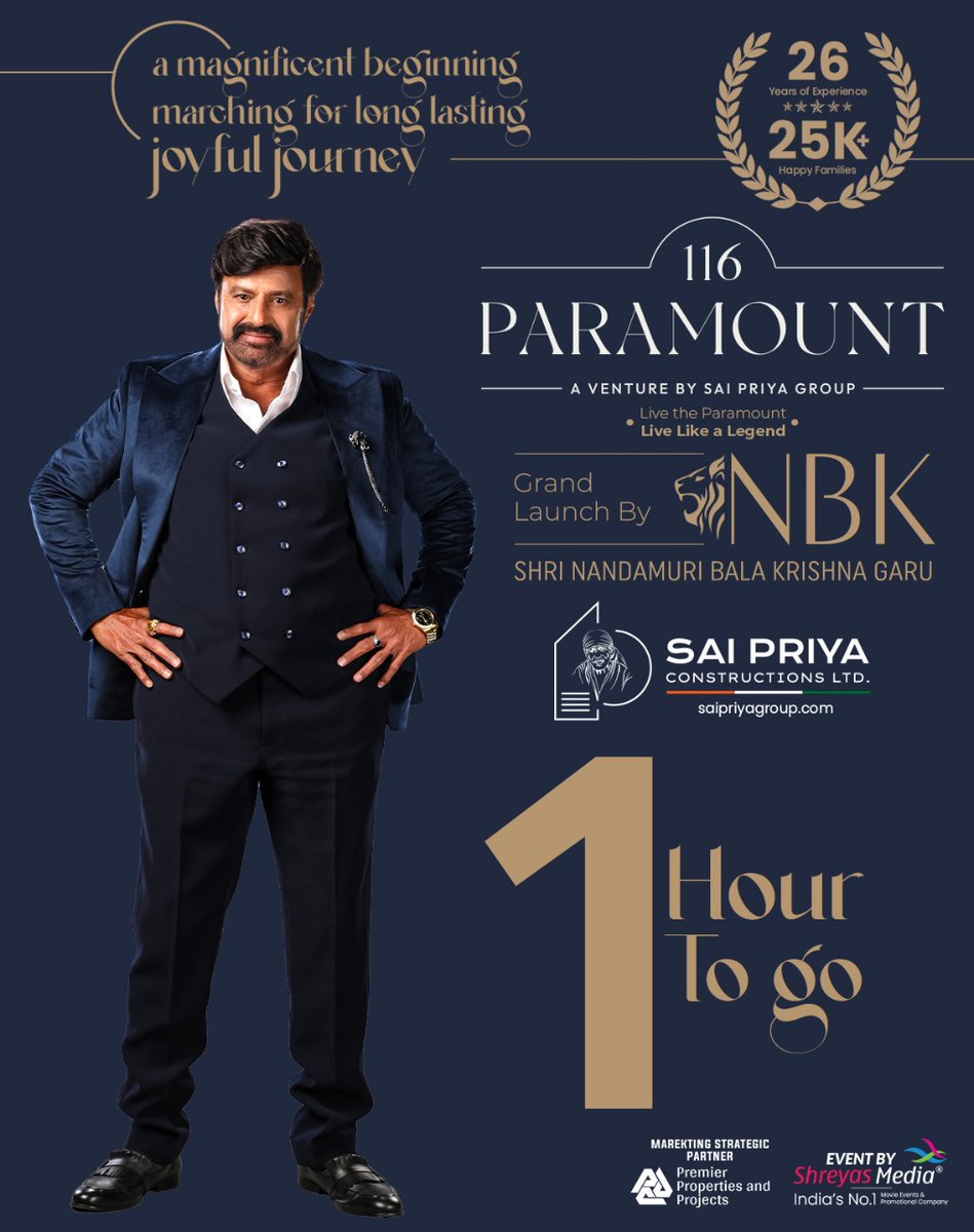 Live the Paramount, Live like a Legend😎 1️⃣ hr for the Magnificent Opening Ceremony of #116PARAMOUNT - a venture by @saipriyagroup Launch by the NataSimham #NandamuriBalaKrishna garu🤗🤩 ▶️youtu.be/AumqvDmHRp8 Event By @shreyasgroup✌️ #SaiPriyaConstructions #NBK