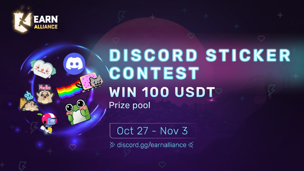 EarnAlliance's tweet photo. Join our Discord Sticker Contest and create a sticker that really STICKS. 🤖 Show off your artistic skills for a chance to win US$10! 

✅ Join ➡️ https://t.co/vIzs5NFHWz
✅ Upload your custom Discord sticker into our #contest channel
✅ Tag @stickercompetition

🗓️ Oct 27 - Nov 3 https://t.co/EPxS3gm4HT
