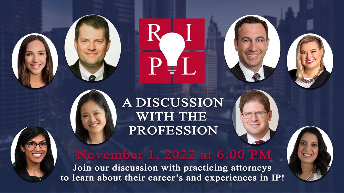 UIC_RIPL's tweet photo. We are excited to be hosting some amazing attorney's next Tuesday!  Join us at 6:00 PM on November 1st for a conversation with the profession!  These wonderful attorneys have dedicated their evening to share their stories, lessons, and experiences in the field of IP.

Link below! https://t.co/UvCljySl1E