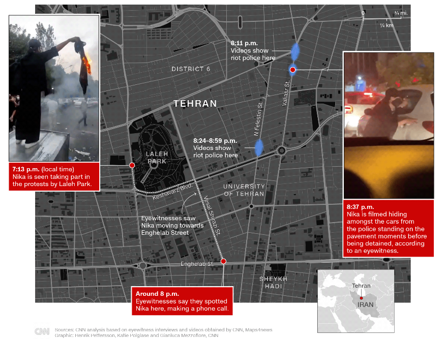 IranIntl_En's tweet photo. Dozens of videos and eyewitness accounts obtained by @CNN with the help of @1500tasvir indicate that Nika Shakarami, 16, appears to have been chased and detained by Iranian security forces, unlike the Islamic Republic's claim that she committed suicide and wasn't arrested at all. https://t.co/CDA3JkgZuJ
