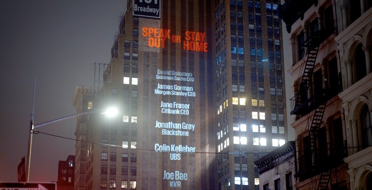 thecfhk's tweet photo. Ahead of next week’s financial summit in #HongKong, @thecfhk projected images onto buildings near #NewYork’s Financial District calling on #DavidSolomon, @GoldmanSachs, #JamesGorman, @MorganStanley, #JaneFraser, @Citibank, and #JonathanGray, @blackstone to boycott the event. https://t.co/i4hs5lGdpP
