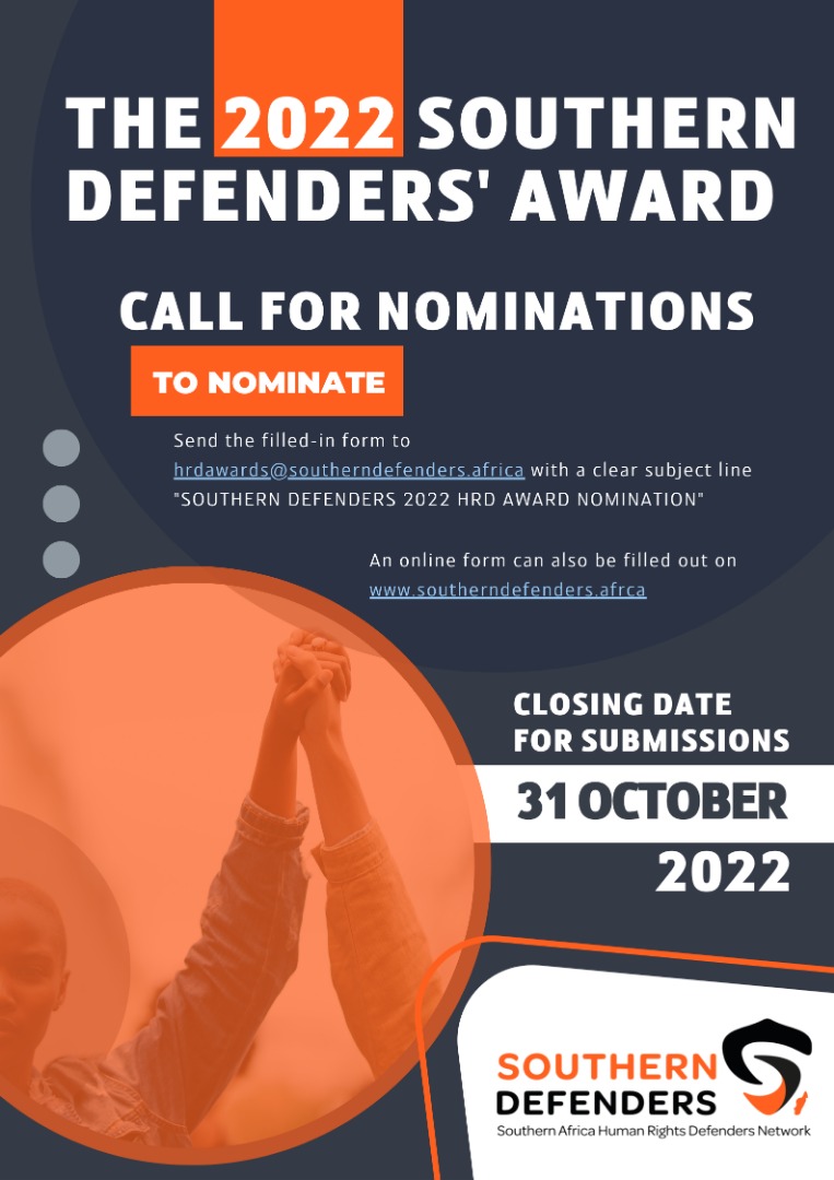 SAHRDNetwork's tweet photo. #FinalRemider| We are calling for nomination/s for the 2022 SouthernDefenders Award for outstanding Human Rights Defender/s.

To nominate please follow the link below: https://t.co/ZddP0vhw6f https://t.co/DWXFVDaRdB