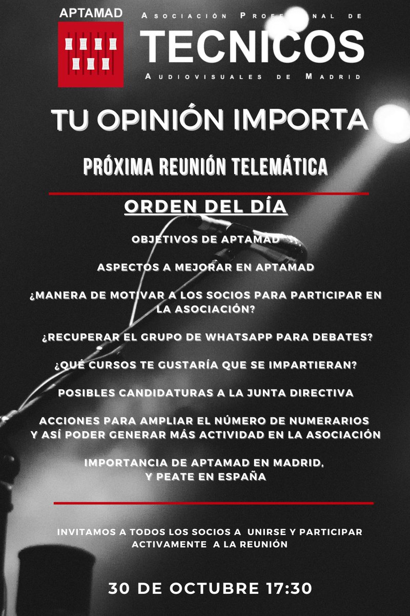 🗓️ 30 DE OCTUBRE ⏱️ 17:30 Reunión telemática de los Socios de Aptamad. Tu opinión importa 🎤 Te esperamos 💻