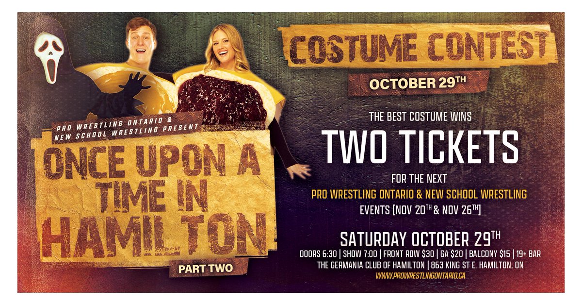 🚨CONTEST ALERT🚨
 
This Saturday evening we will be holding a #CostumeContest open to any fans attending the event!!
 
The Winner of the contest will receive TWO TICKETS to @NSWisBACK #HistoryInTheMaking as well as The Annual #PWO #IronCupTournament!
 
#OnceUponATimeInHamilton