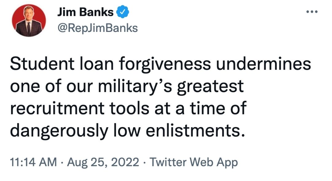 Onigeek's tweet photo. @JoJoFromJerz @MarkHamill Isn't that the point? Ensuring a steady stream of poor people to send to war? Same reason they oppose student loan forgiveness. https://t.co/VM0XgL9Sjv