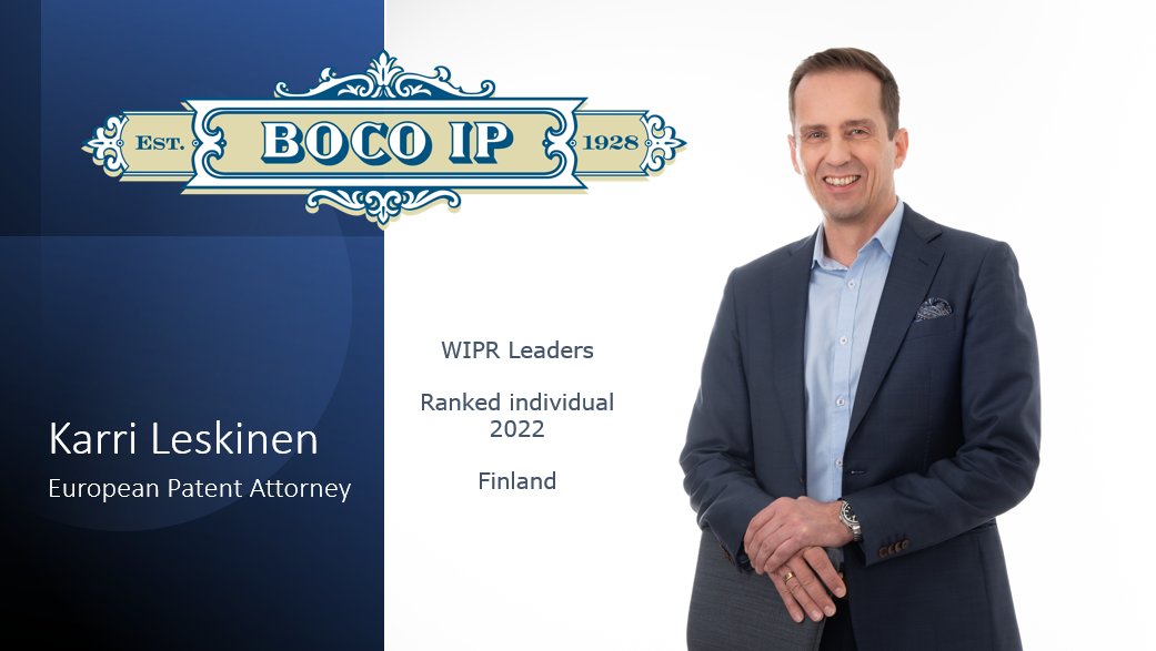 Boco IP congratulates @KarriLeskinen 

WIPR Leaders - ranked individual 2022, Finland.

#rankings #IPR360 #bocospirit #bocopeople #ipr #intellectualpropertyrights