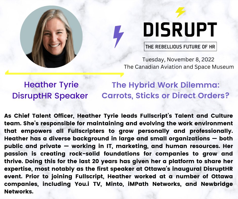 DisruptHROttawa's tweet photo. #MeettheDisruptors - We're more than tickled to welcome back Heather Tyrie as a Speaker to @DisruptHROttawa !

Heather was our very first Speaker at our inaugural event!  Don't miss out ! Get your tickets NOW: https://t.co/cU7TTdUo3S

#disrupthr #hrleaders #hrprofessionals https://t.co/nLrFSQhJo9