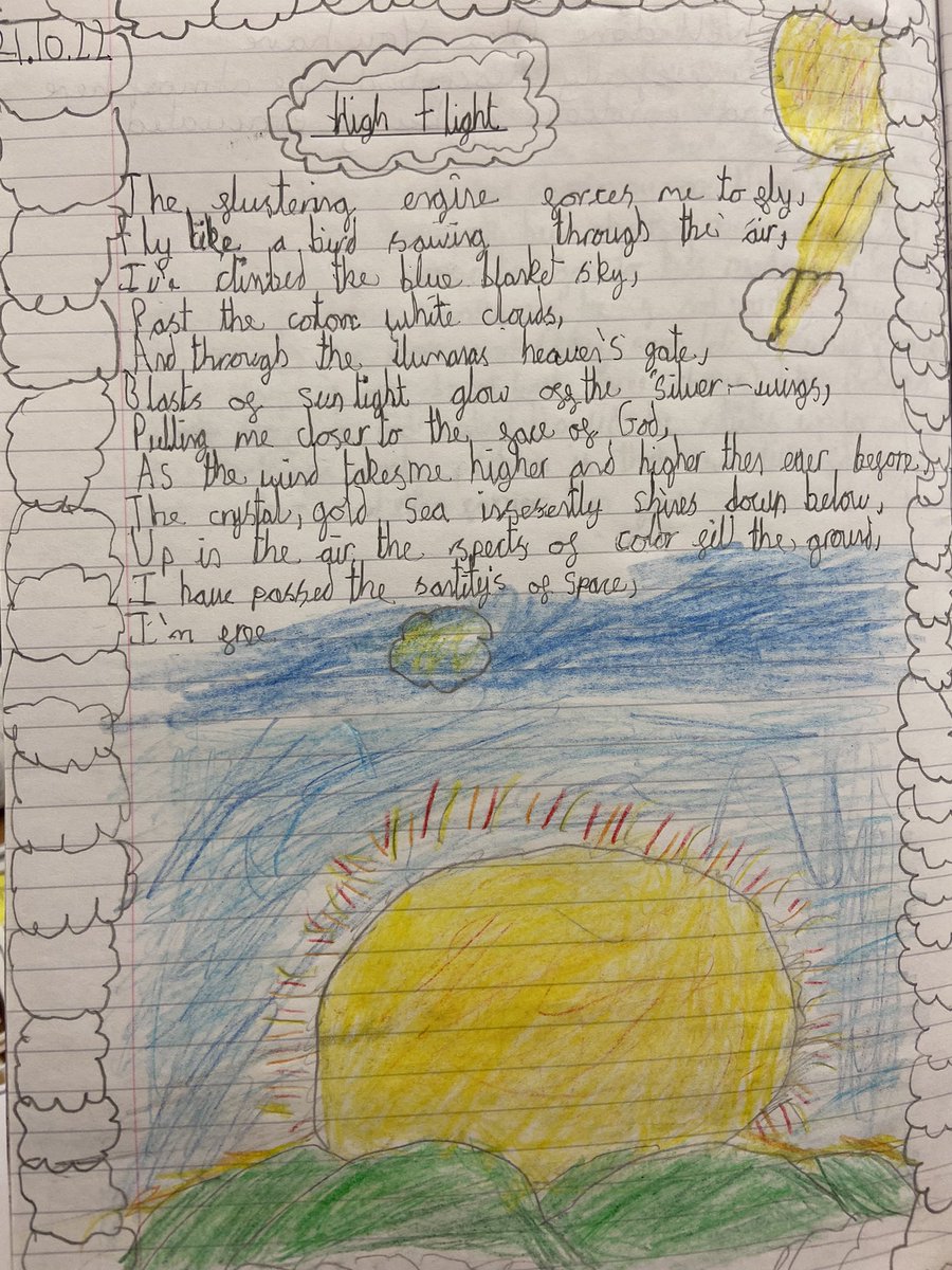 We loved studying the poem ‘High flight’ by the war poet John Gillespie Magee Jr. The children took inspiration from his poem to create their own, describing the flight of a spitfire during WW2. Opening doors, unit 10 - Dancing the Skies <a href="/WestViewPrimary/">West View Primary School</a> @BobCox_SFE