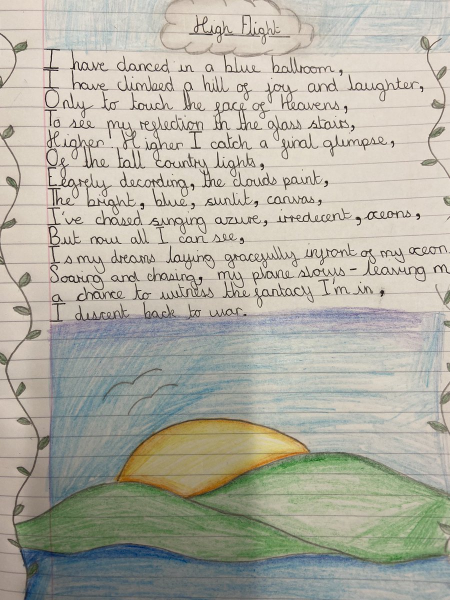 mlcrawfordWV's tweet photo. We loved studying the poem ‘High flight’ by the war poet John Gillespie Magee Jr. The children took inspiration from his poem to create their own, describing the flight of a spitfire during WW2. Opening doors, unit 10 - Dancing the Skies @WestViewPrimary @BobCox_SFE https://t.co/mr29Npng2G