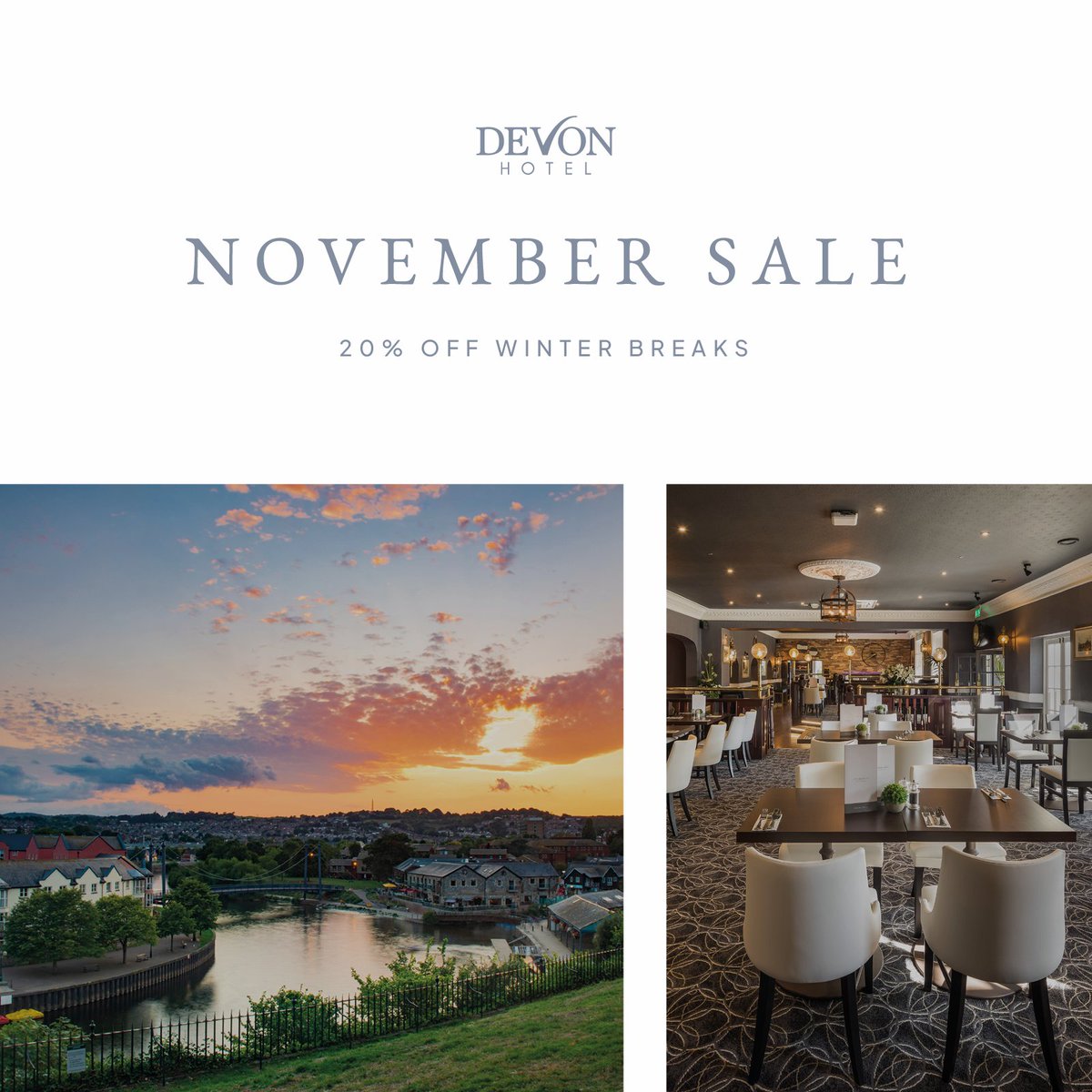 𝟐𝟎% 𝐎𝐅𝐅 𝐖𝐈𝐍𝐓𝐄𝐑 𝐁𝐑𝐄𝐀𝐊𝐒⭐𝐁𝐎𝐎𝐊 𝐓𝐎𝐃𝐀𝐘
Bed and Breakfast from £40 per person per night 

Enjoy 𝟮𝟬% 𝗼𝗳𝗳 𝘆𝗼𝘂𝗿 𝘄𝗶𝗻𝘁𝗲𝗿 𝗯𝗿𝗲𝗮𝗸  with us when you book before the 30th of November.

devonhotel.co.uk/offers/novembe…